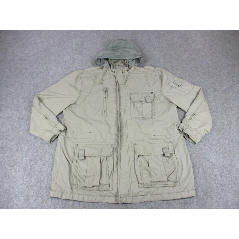 Tommy Bahama Denim Jacket Mens Extra Large Beige Hooded Lined Utility Zip Coat